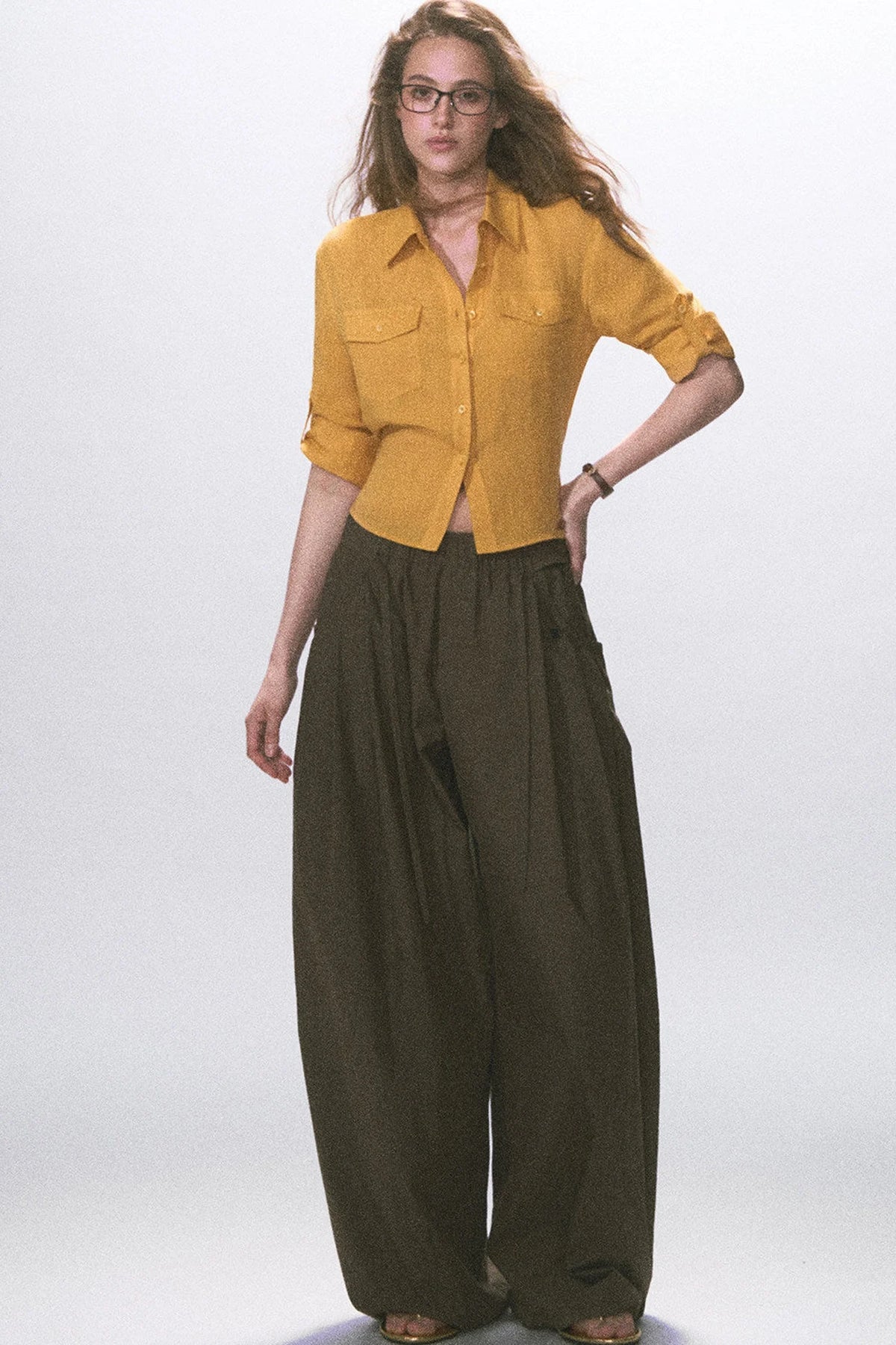 Wrinkled Twill Wide-Leg Pants