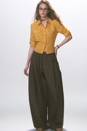 Wrinkled Twill Wide-Leg Pants