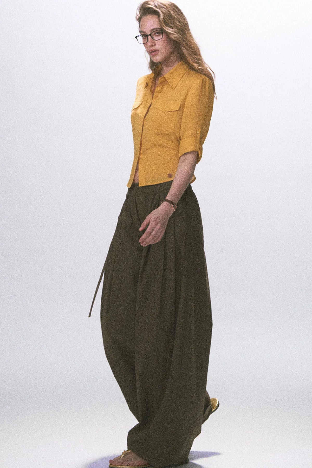 Wrinkled Twill Wide-Leg Pants