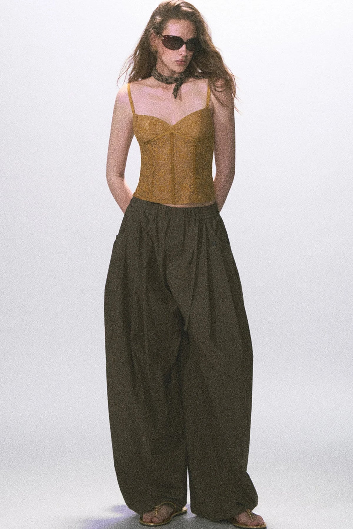 Wrinkled Twill Wide-Leg Pants