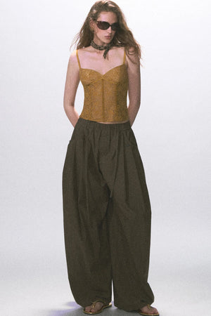 Wrinkled Twill Wide-Leg Pants