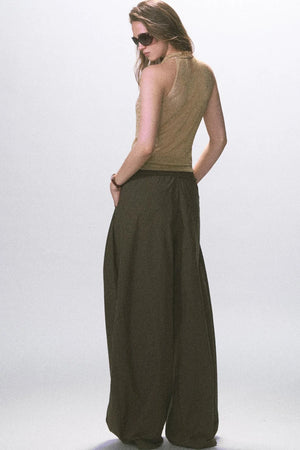 Wrinkled Twill Wide-Leg Pants