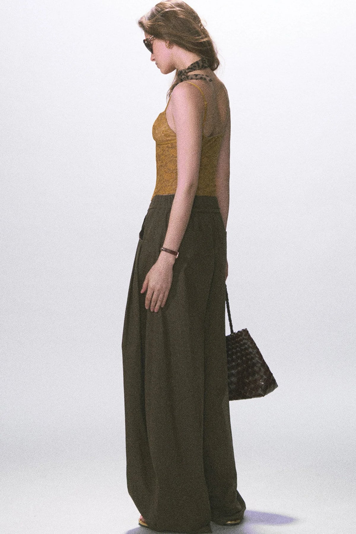 Wrinkled Twill Wide-Leg Pants
