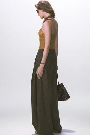 Wrinkled Twill Wide-Leg Pants