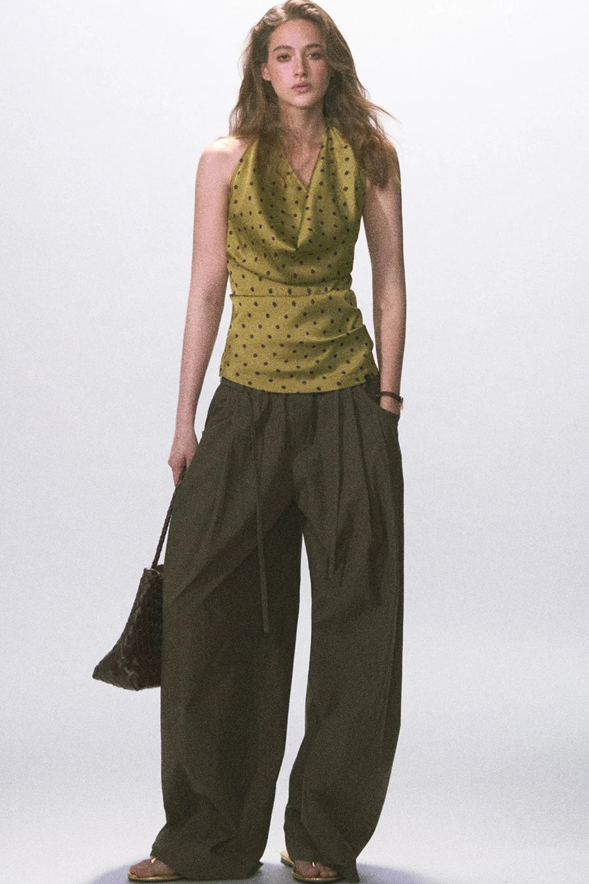Wrinkled Twill Wide-Leg Pants