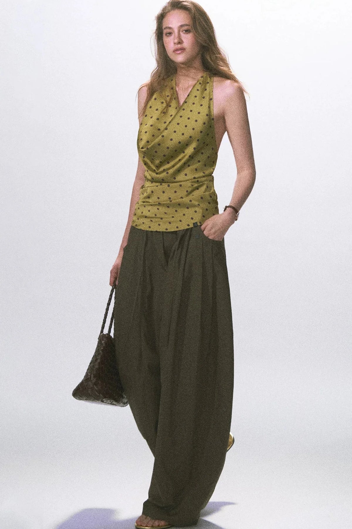 Wrinkled Twill Wide-Leg Pants