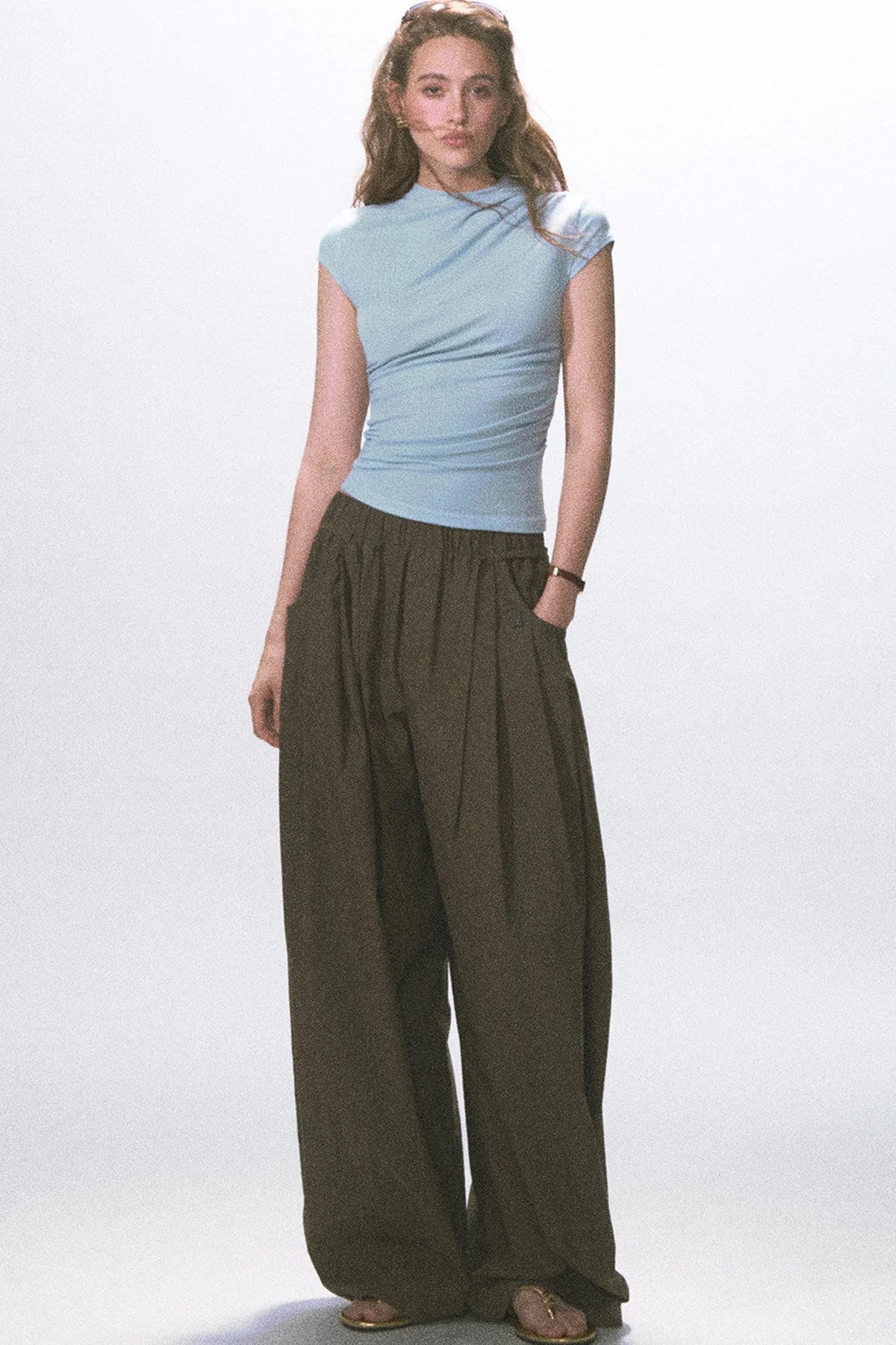 Wrinkled Twill Wide-Leg Pants