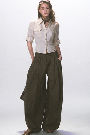 Wrinkled Twill Wide-Leg Pants