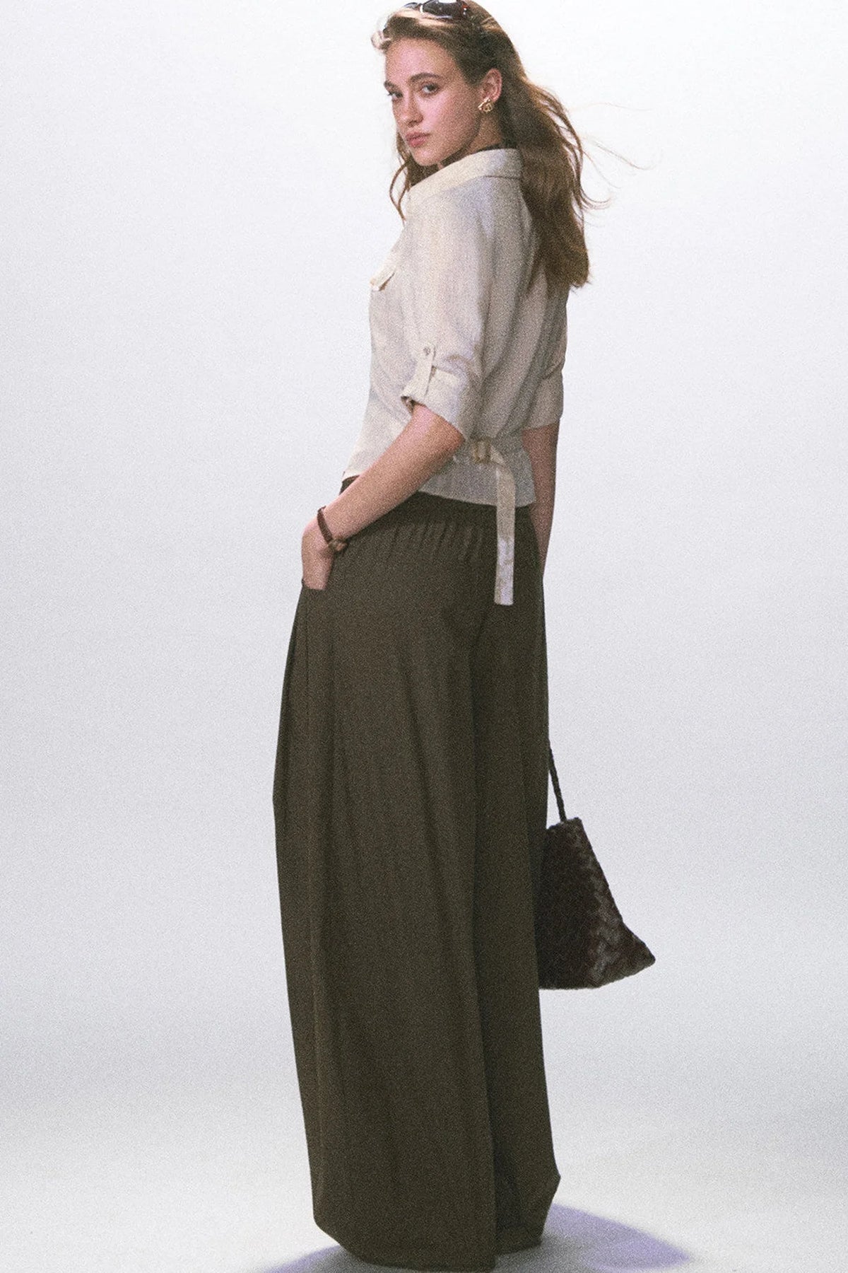 Wrinkled Twill Wide-Leg Pants