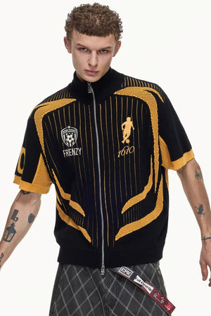 Yellow Black Mesh Knit Polo Top