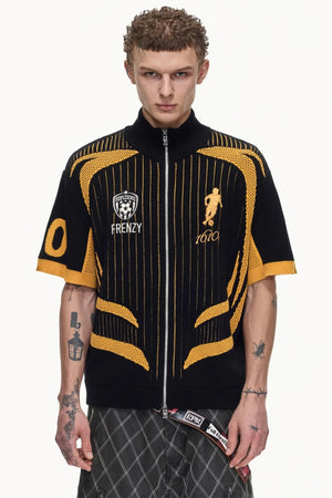 Yellow Black Mesh Knit Polo Top