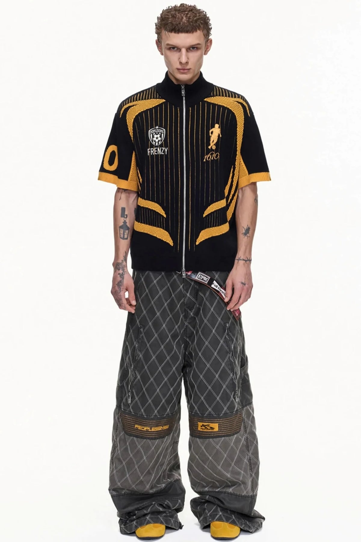 Yellow Black Mesh Knit Polo Top