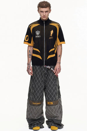 Yellow Black Mesh Knit Polo Top