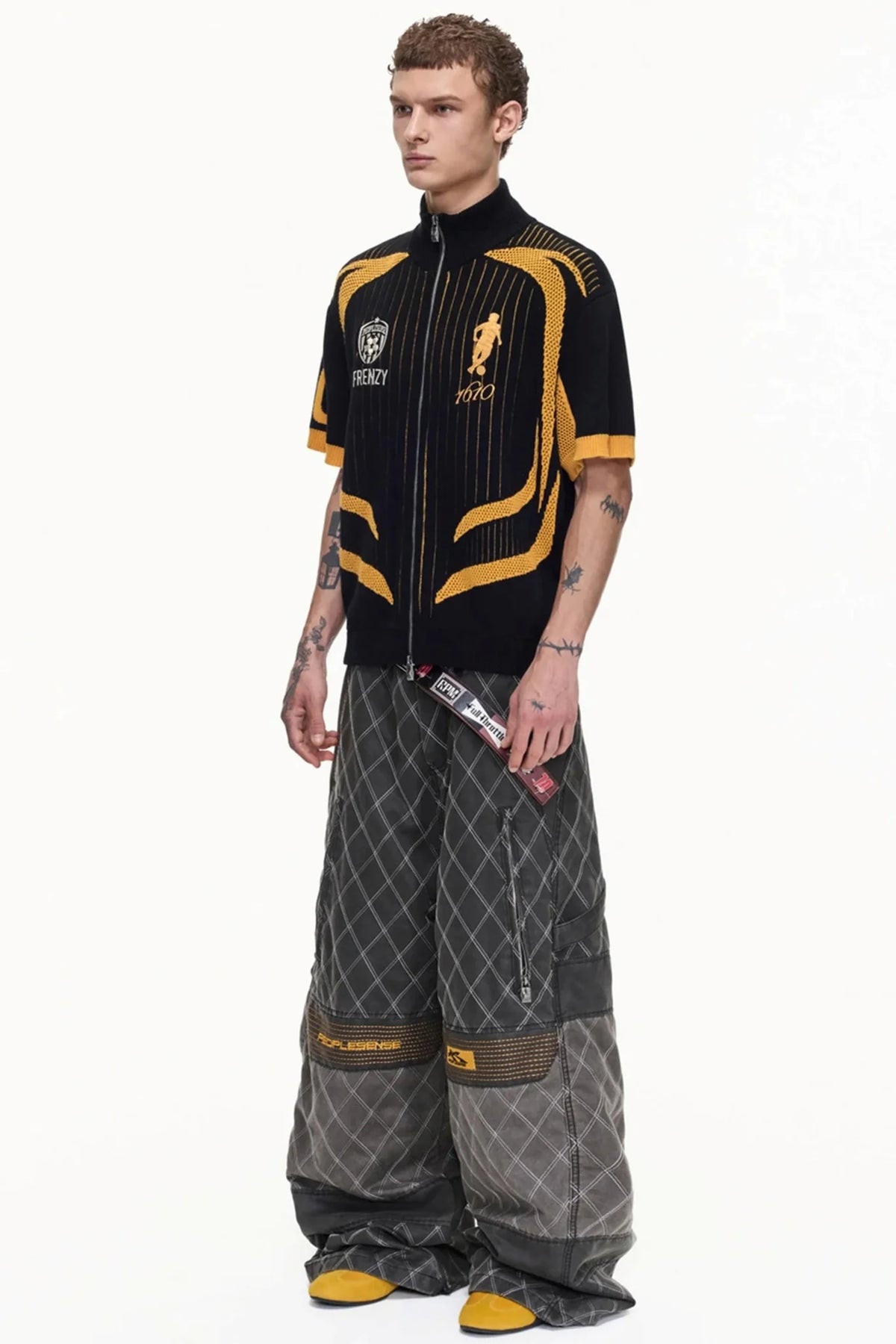 Yellow Black Mesh Knit Polo Top