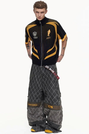 Yellow Black Mesh Knit Polo Top