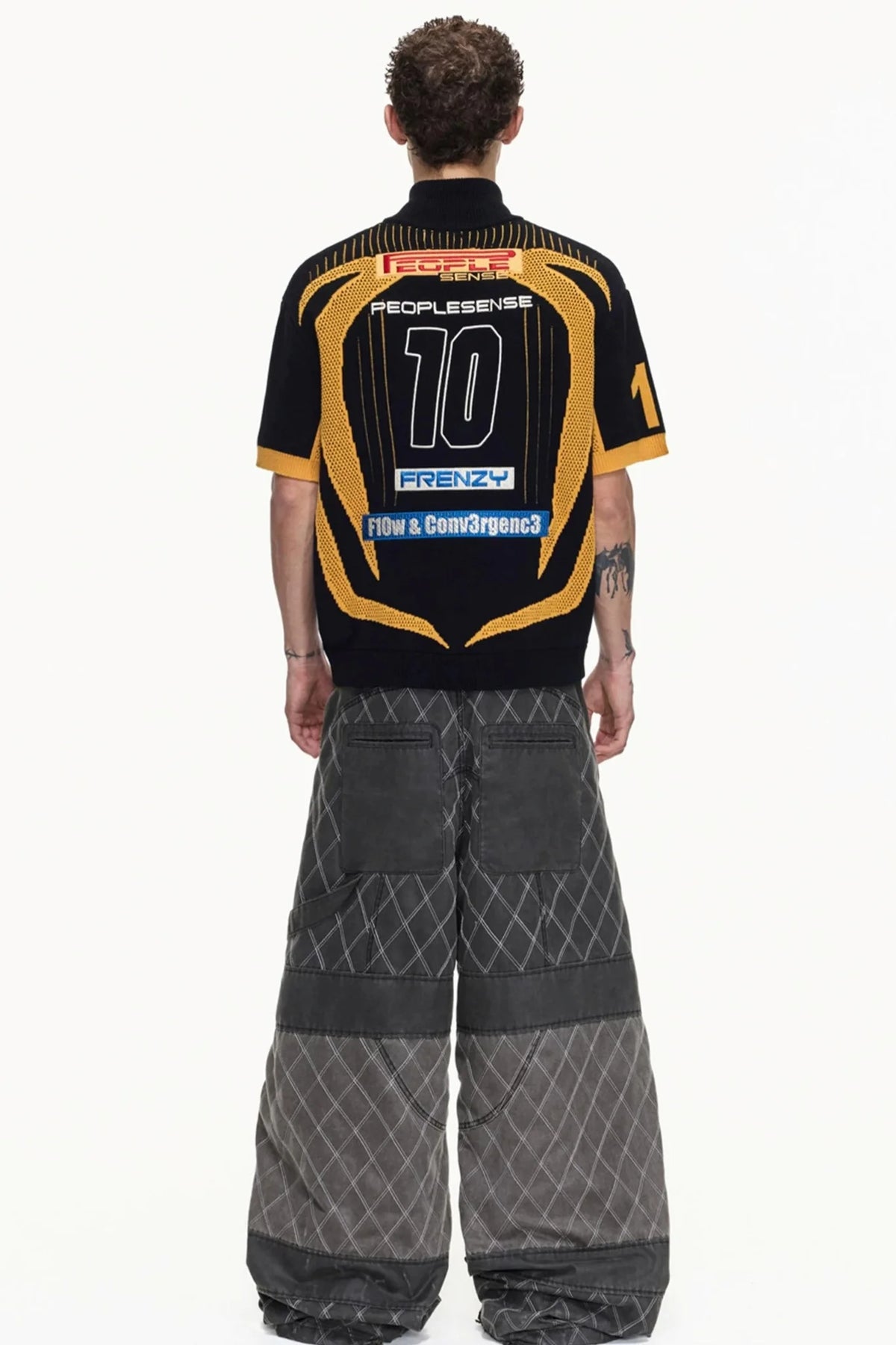 Yellow Black Mesh Knit Polo Top
