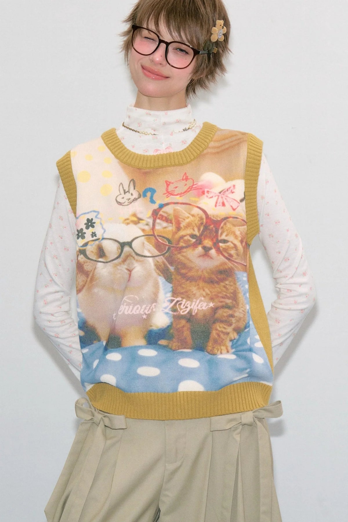 Yellow Cat Bunny Print Vest