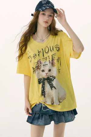 Yellow Cat Print Polka Dot T-Shirt
