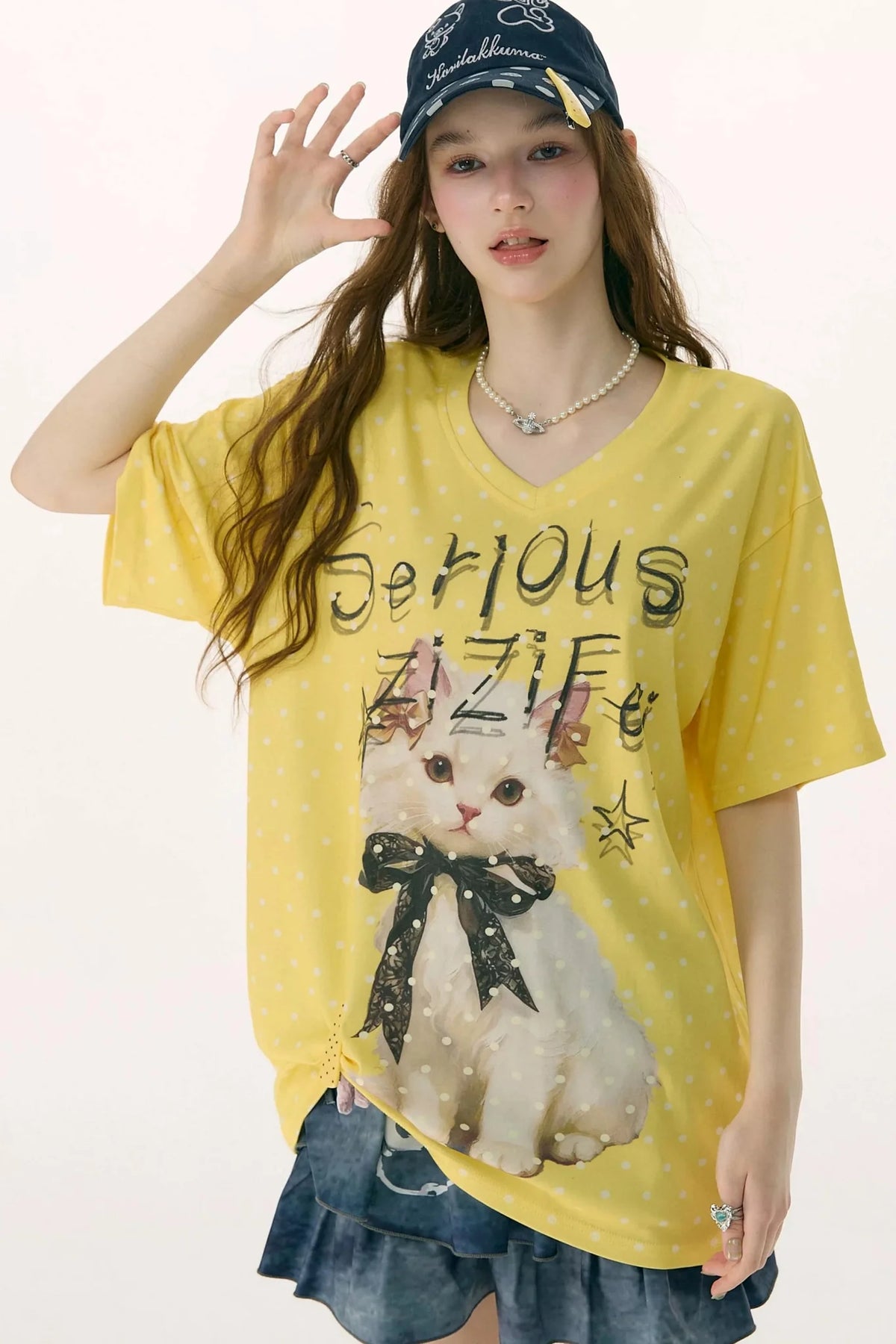 Yellow Cat Print Polka Dot T-Shirt