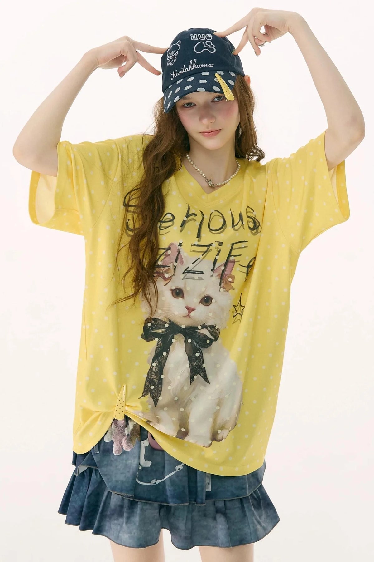 Yellow Cat Print Polka Dot T-Shirt