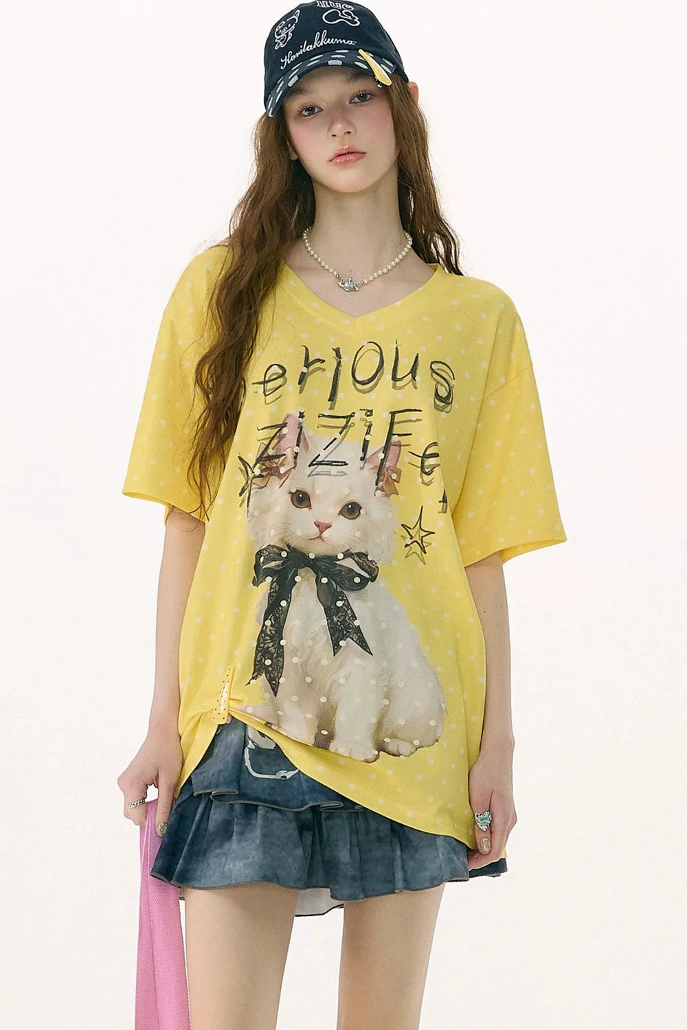 Yellow Cat Print Polka Dot T-Shirt