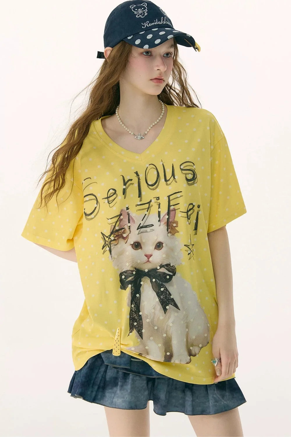 Yellow Cat Print Polka Dot T-Shirt