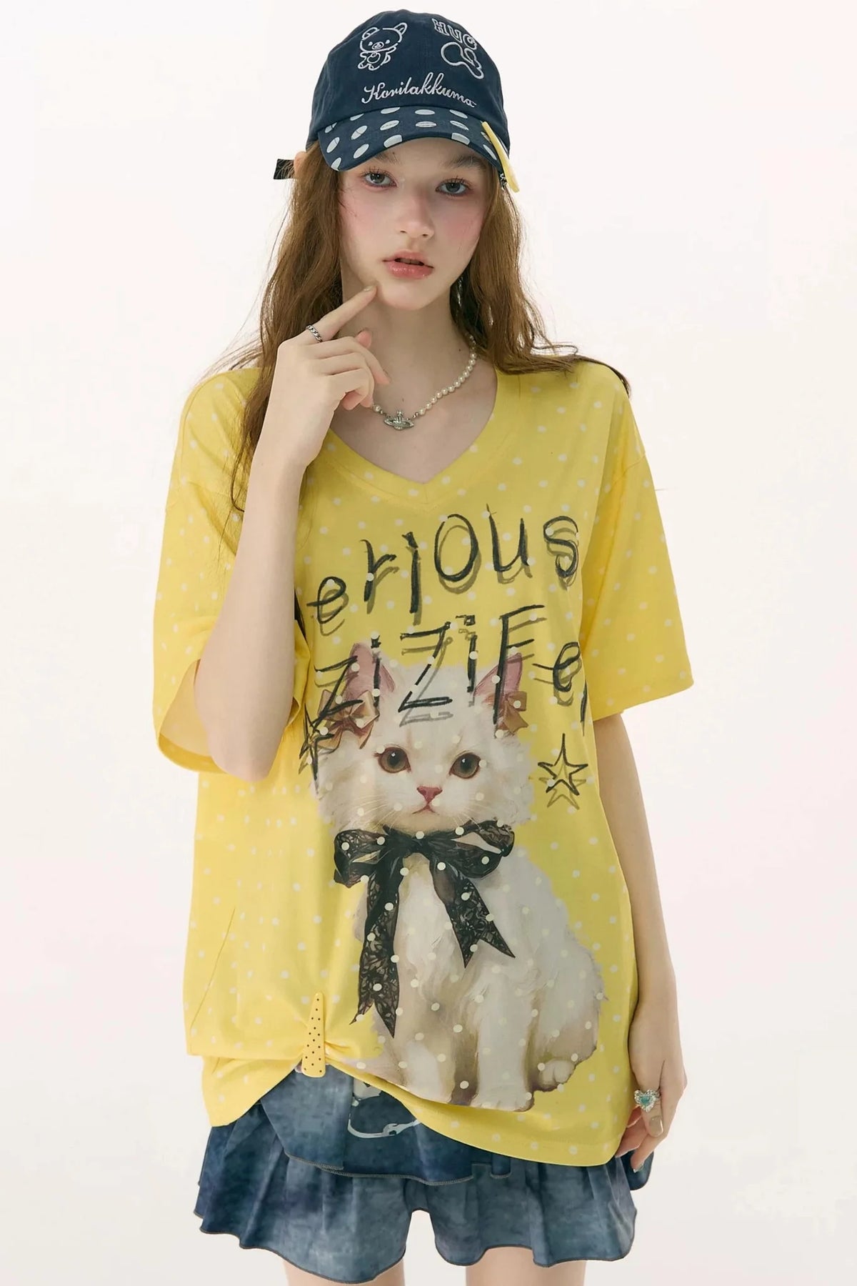 Yellow Cat Print Polka Dot T-Shirt