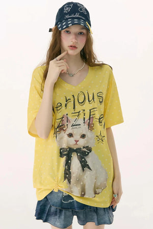 Yellow Cat Print Polka Dot T-Shirt