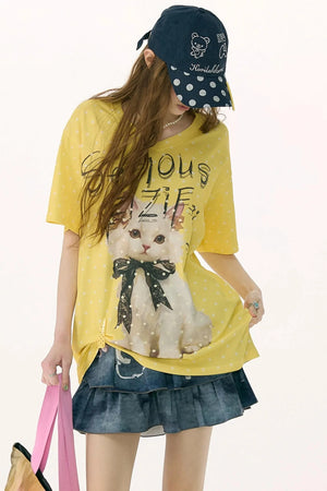 Yellow Cat Print Polka Dot T-Shirt