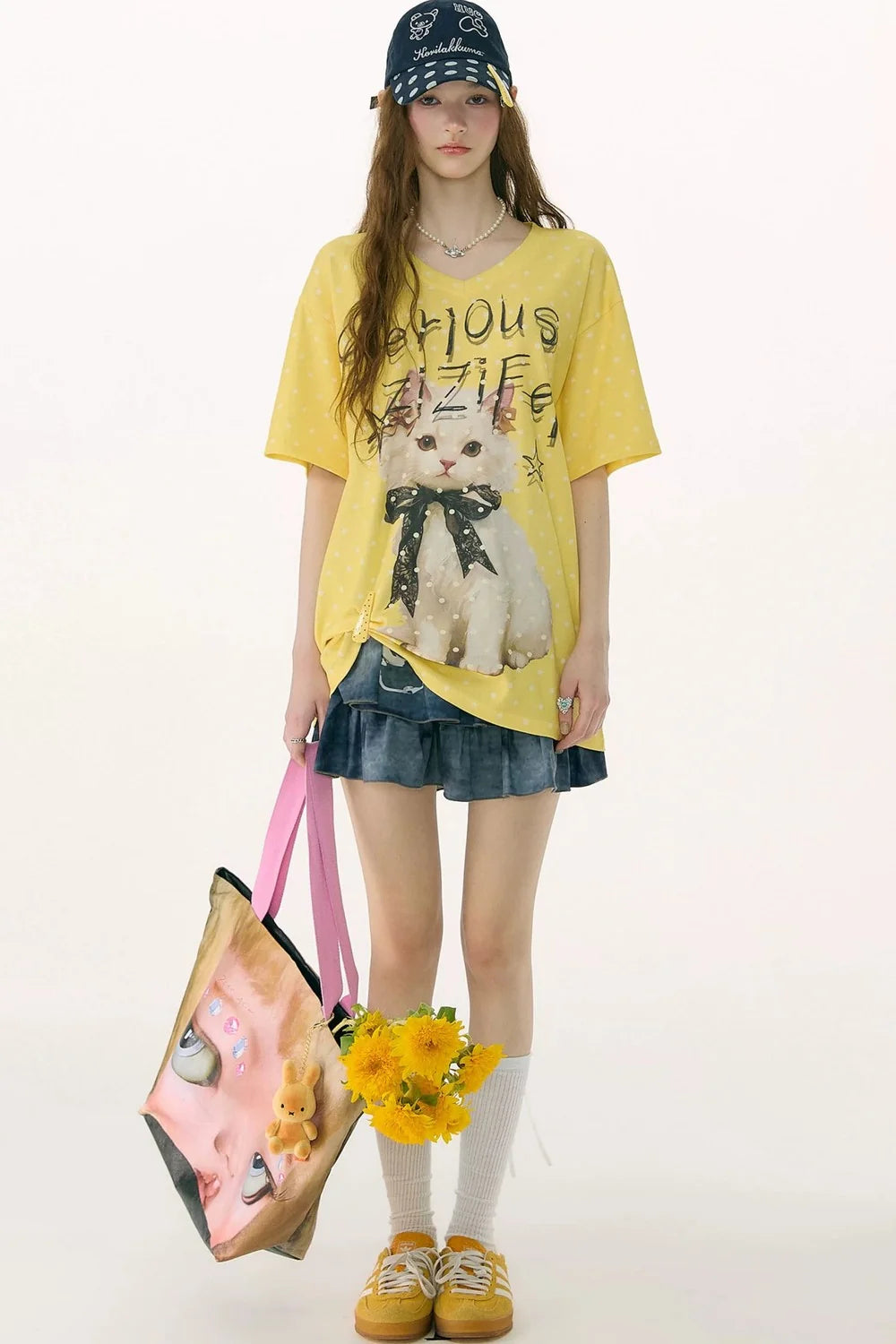 Yellow Cat Print Polka Dot T-Shirt