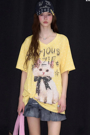Yellow Cat Print Polka Dot T-Shirt