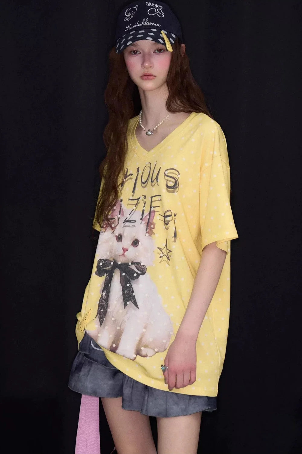 Yellow Cat Print Polka Dot T-Shirt
