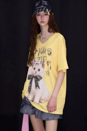 Yellow Cat Print Polka Dot T-Shirt