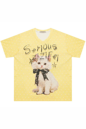 Yellow Cat Print Polka Dot T-Shirt