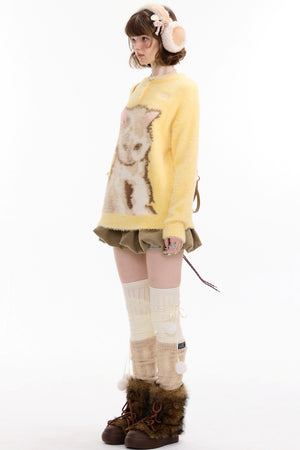 Yellow Cat Print Sweater