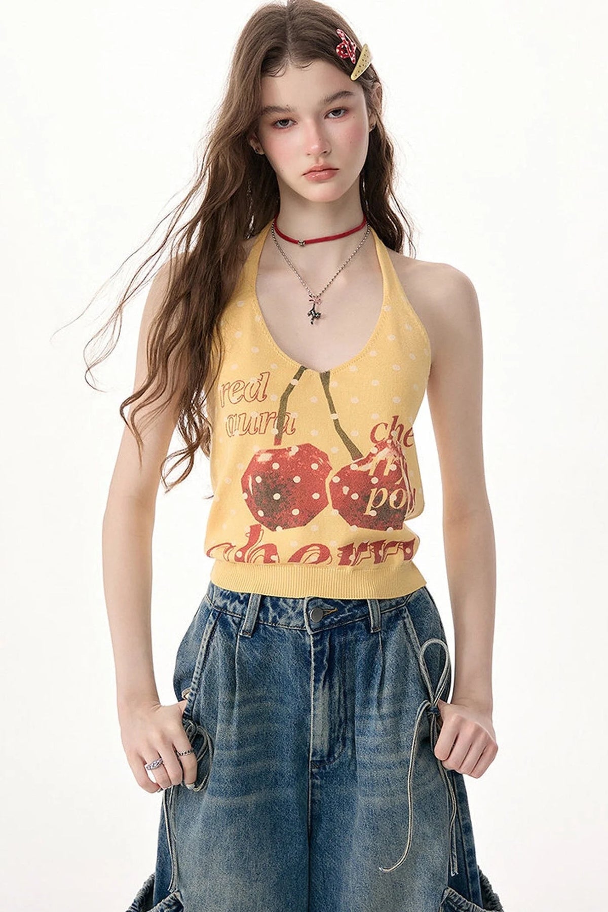 Yellow Cherry Print Knit Halter Top