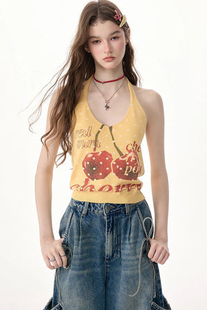 Yellow Cherry Print Knit Halter Top