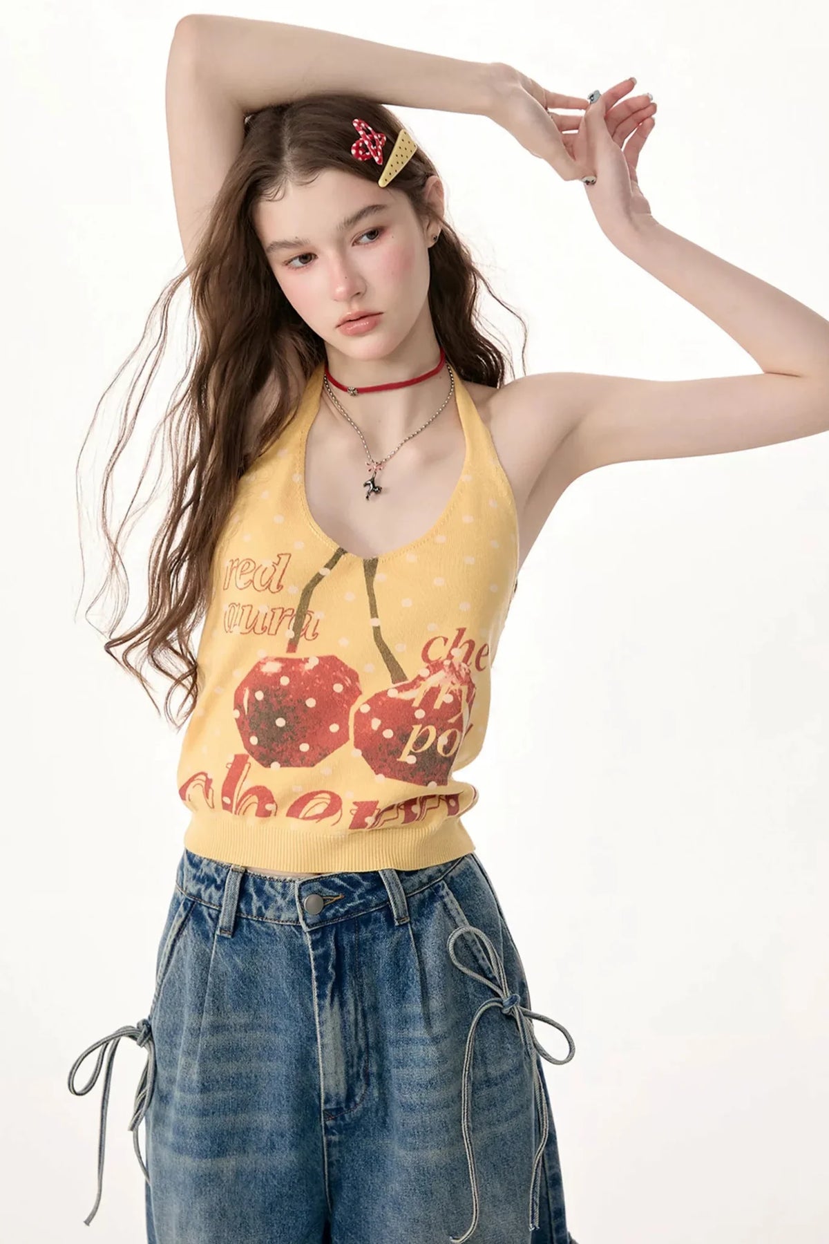 Yellow Cherry Print Knit Halter Top