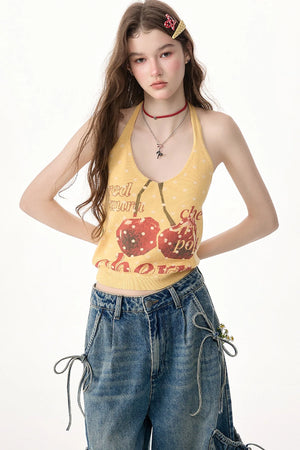 Yellow Cherry Print Knit Halter Top