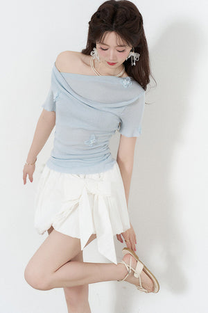 Yellow Draped Neck Short Sleeve Knit Top