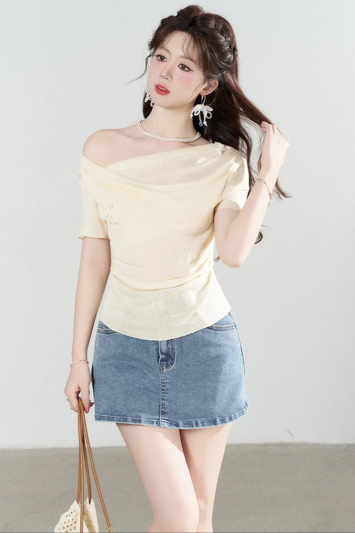 Yellow Draped Neck Short Sleeve Knit Top