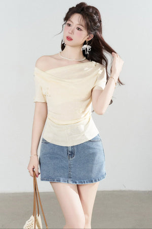 Yellow Draped Neck Short Sleeve Knit Top