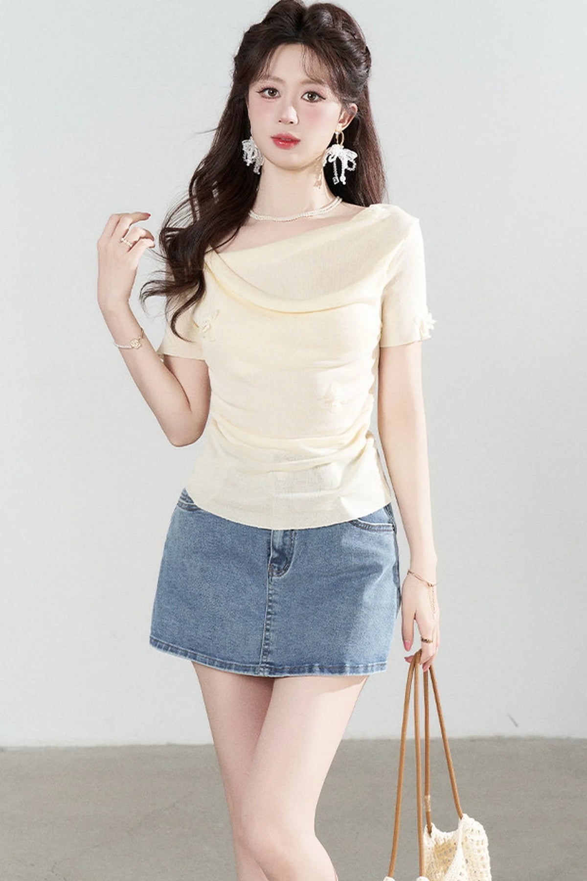 Yellow Draped Neck Short Sleeve Knit Top