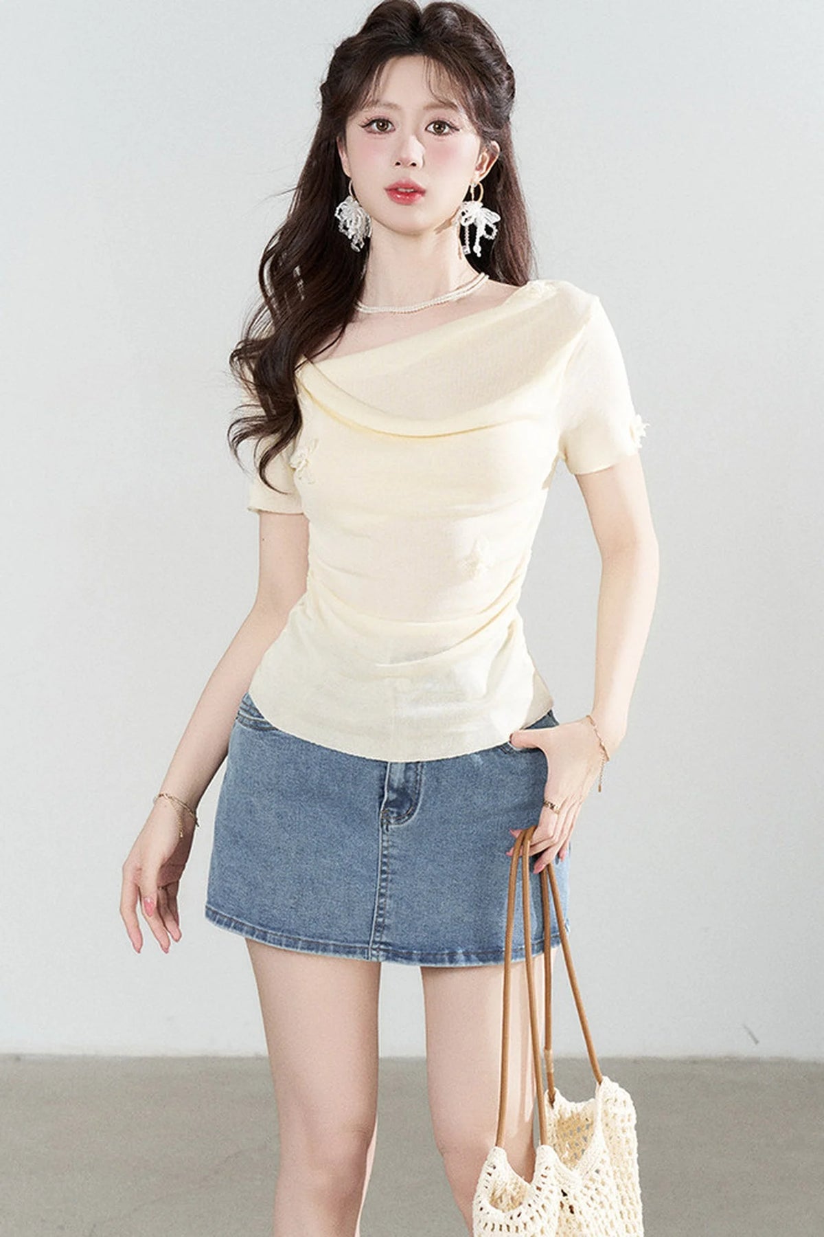 Yellow Draped Neck Short Sleeve Knit Top