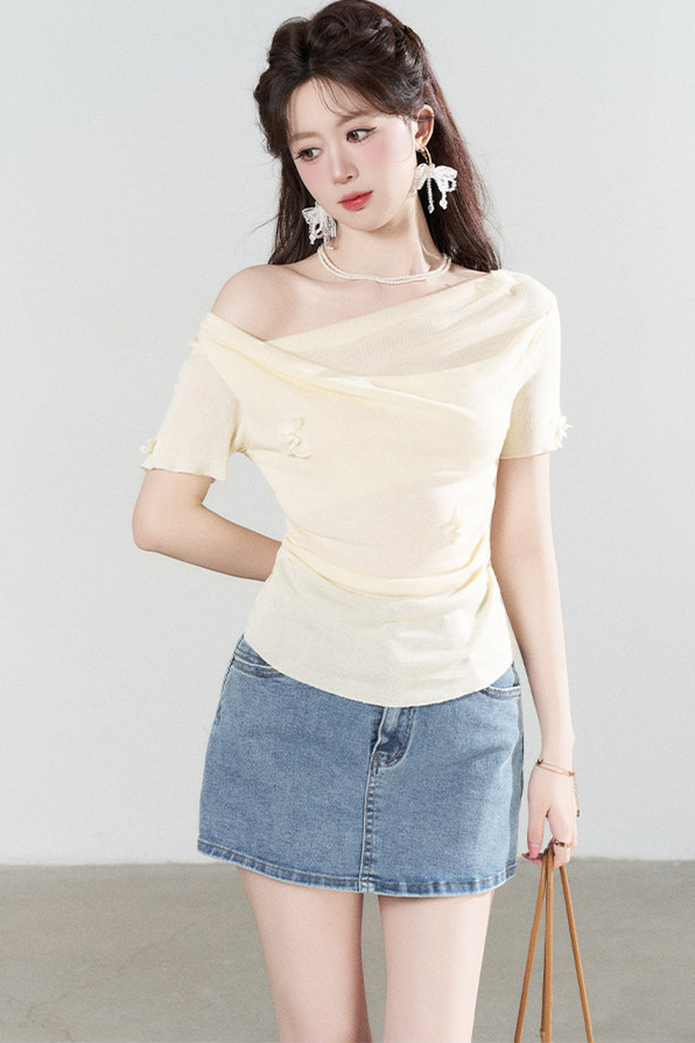Yellow Draped Neck Short Sleeve Knit Top