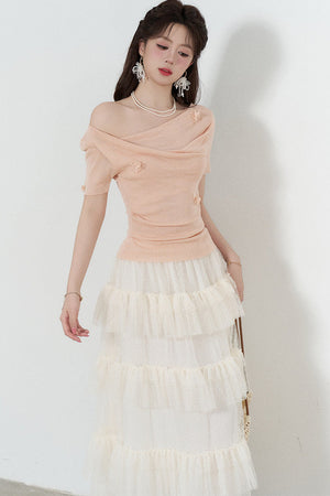 Yellow Draped Neck Short Sleeve Knit Top