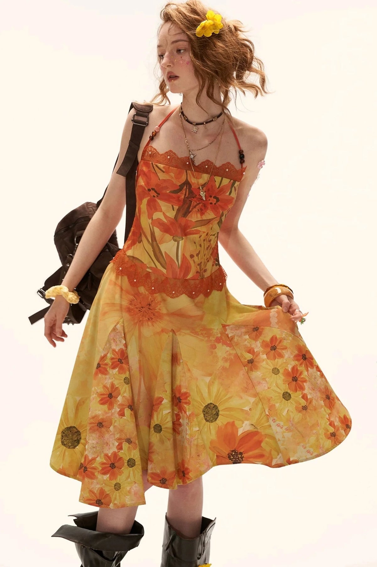 Yellow Floral Halter Dress