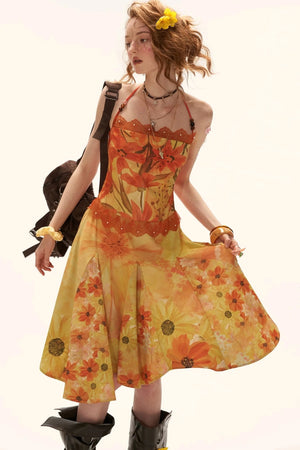 Yellow Floral Halter Dress