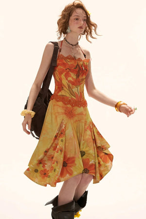 Yellow Floral Halter Dress