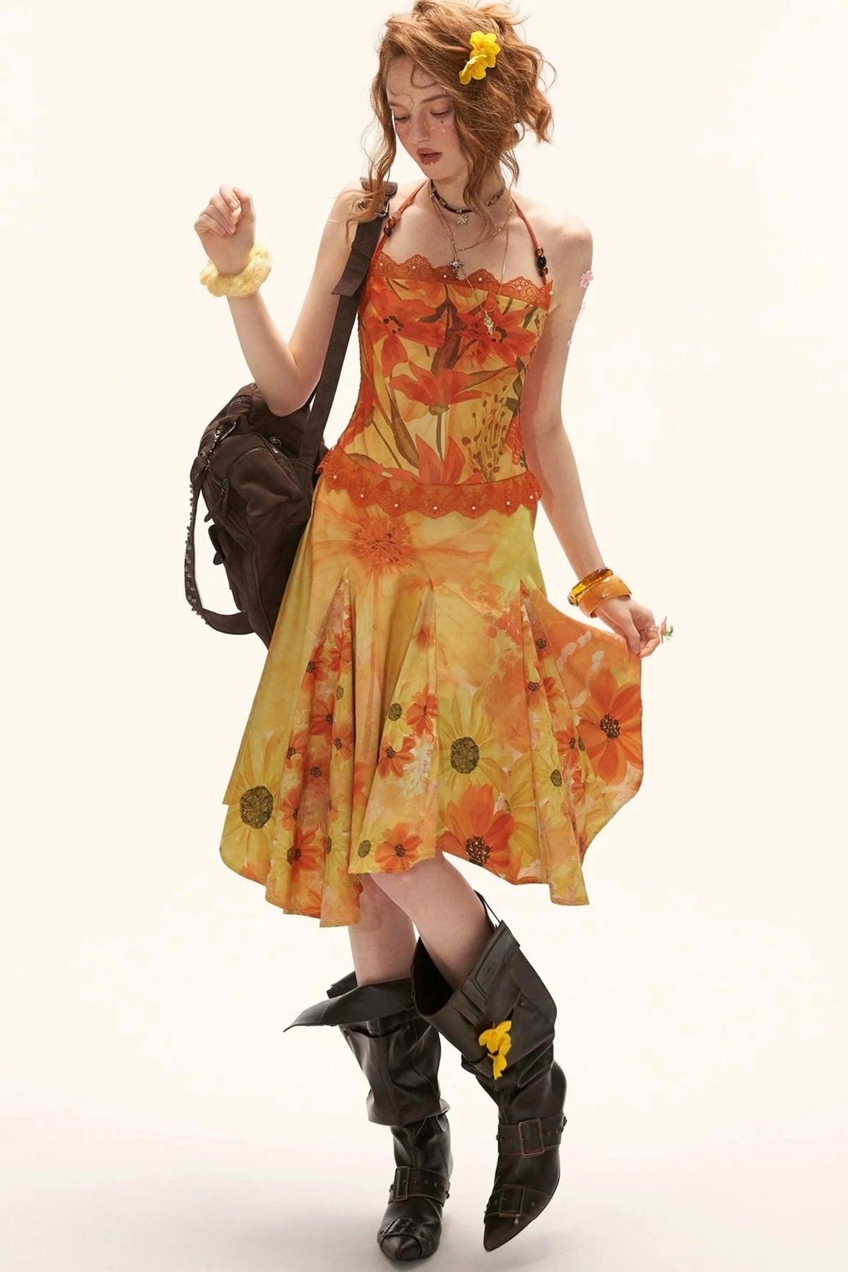 Yellow Floral Halter Dress